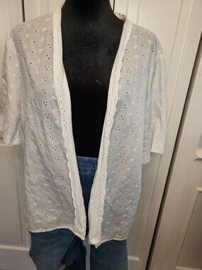 Vintage 80s Vicki Wayne's White Eyelet Open Cardigan L Cottage Coquette Prairie